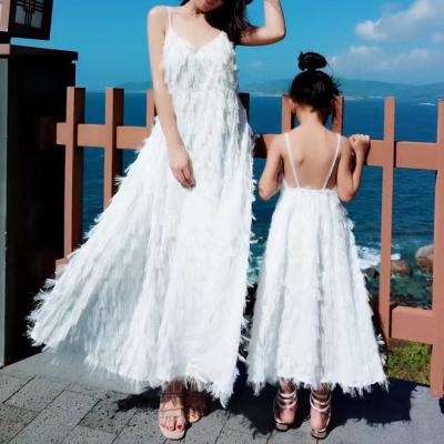 China QUICK DRY Summer Twinning Mommy and Me Dress Sexy Mother and Daughter Outfits Beach Backless Mommy and Me Feather Halter Vacation Wear Dresses for sale