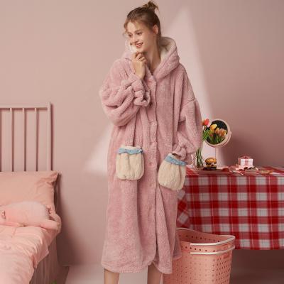 China Wholesale Hooded Pink Loungewear Cute Women's Satin Long Robes QUICK DRY Pocket Long Robe Femme Sleepwear Flannel Nightgown for sale