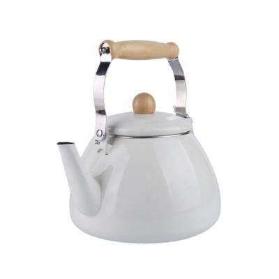 China 2.L Viable Custom Color Enamel Tea Water Kettle White Coating Supplier With Wooden Handle for sale