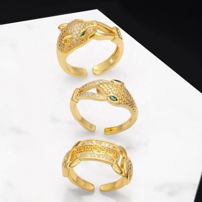 China Fashionable Wholesale New Design Open Ring Snake-Shaped Creative Personality Diamond Inlaid Leopard Head Resizable Ring for sale