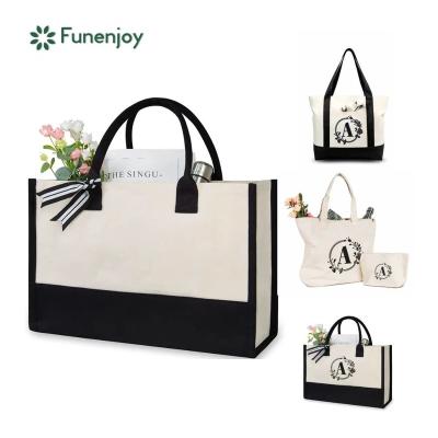 China Canvas Handled Cotton Tote Bag With Zipper And Pockets Beach Shopping Bag For Women Bottom Support Reusable Grocery Bags for sale