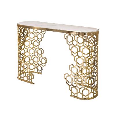 China Modern Living Room Furniture Base Gold Stainless Steel Wall Oval Console Table With Marble for sale