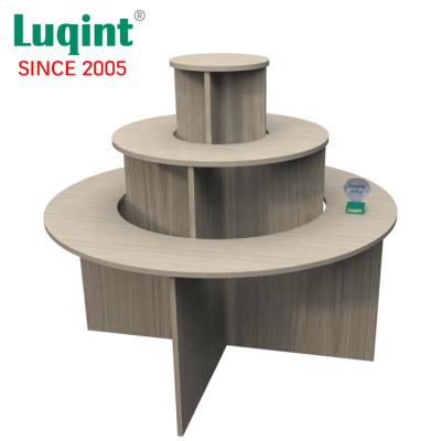 China MDF Board Island Display Stand Display MINISO Custom Three Tier Wooden Stand for sale