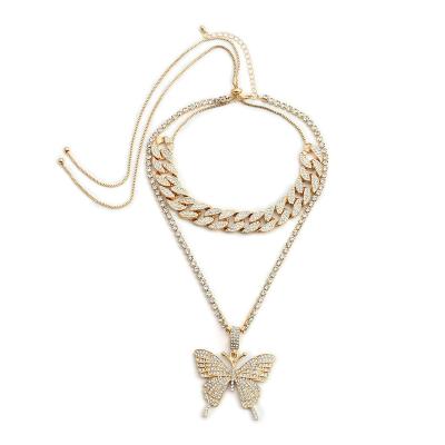 China Hot Selling Casual/Sporty Exaggerated Butterfly Big Rhinestone Necklace Women Retro Geometric Cuban Chain Costume Exaggerated Micro-Inlaid Necklace for sale