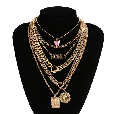 China Retro Fashion Alloy Butterfly Pendants Necklace Romantic Simple Multilayer Buckle Set Personality OT Necklace for sale