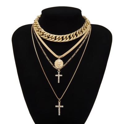 China FASHIONABLE creative diamond retro cross exaggerated chain punk thick portrait multilayer necklace for sale