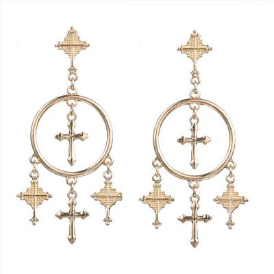 China Retro FASHIONABLE superstarer style custom exaggerated alloy carving cross tassel earrings wholesale for sale