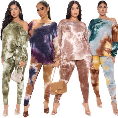 China Breathable Fat Women Reduce Neck Tie Dye Shirts And Tie Dye Panties Sets Spring FashionLong Sleeve Button Knot Tie Dye Two Piece Plus Size Sets for sale