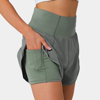 China Breathable Sportswear Women Summer High Waist Fitness Short 2 In 1 Running Yoga Shorts Quick Dry Loose Comfy Shorts With Pocket for sale