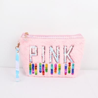 China Fashion Durable Hot Selling Low Price Pink Sequins Girls Handbags Makeup Lady Bags Cute Plush Cute Fur Clips Women Cosmetic Bags for sale