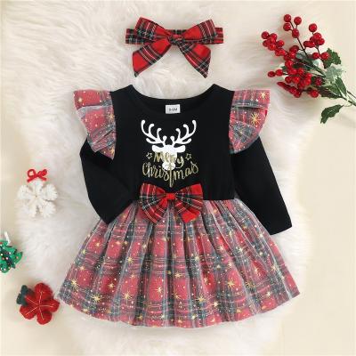 China Christmas Girl Kids Dresses Long Sleeve X MAS Deer Tulle Breathable Dresses for sale