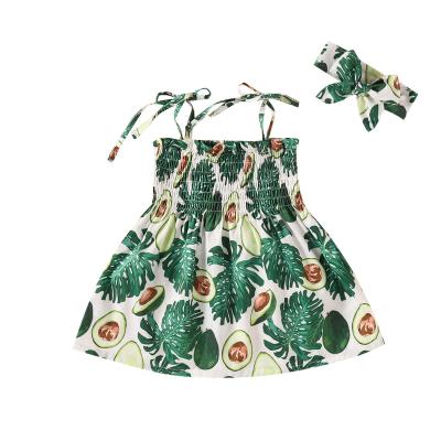 China Hot Selling Summer QQ094 Breathable Kids Girl Avocado Leaves Sling Dress With Headband for sale