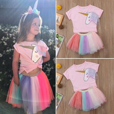 China Fashion Rainbow Unicorn Breathable Baby Girls Clothes Rainbow Pink Girl Dresses T-shirt+skirt Clothing Sets for sale