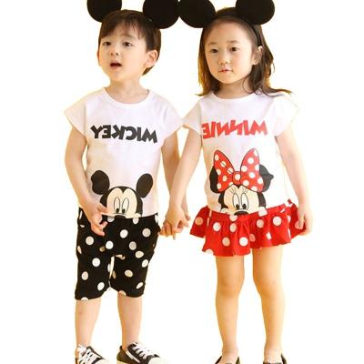 China CR072A/B New Breathable Summer Design Little Girl +brother Mickey Formal Dresses Boy Dot Print Clothing Set for sale