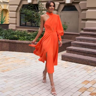 China Latest Designs Washable Fall Neck One Shoulder Single Fake Long Dress For Women Lady Elegant Dresses for sale