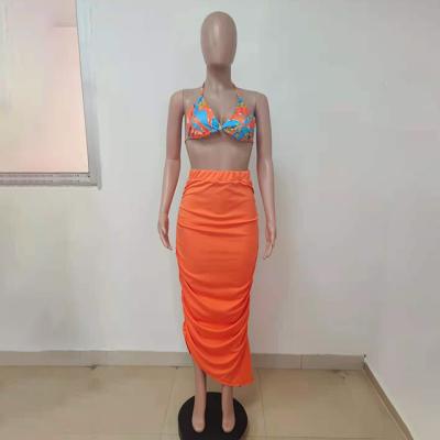 China Viable Women's Fashion Seductive Outfits Summer Bra Top Ruched Two Piece Maxi Skirts Sets for sale