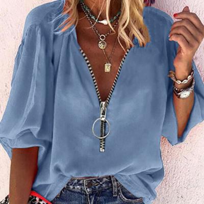 China Western Style Anti-wrinkle Front Zipper Collar Leisure Style Blouse Wrinkle Fabric Solid Edge Cuff Long For Lady for sale