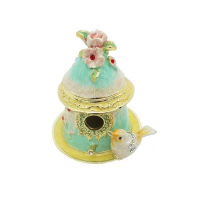 China Box For Jewelry Aviary Metal Jewelry Trinket Box Gold Plated Enamel Painted Stellux Crystal Stones Bird Feeder Home Decoration Keepsake for sale