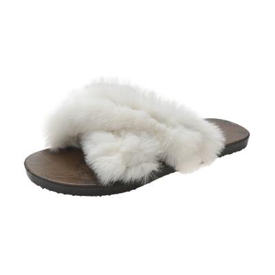 China CUSHIONING Wholesale Women's Wool Slippers Korean Open Toe Slippers Cross To Use Flat Bottom Plush Slippers In Autumn for sale