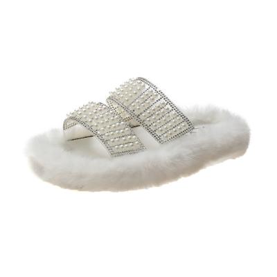 China CUSHIONING Korean pearl house slippers 2021 warm net red new wool slippers thick bottom word the same fashion slippers for sale