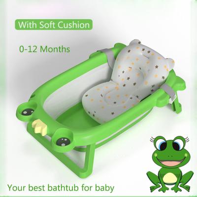 China 2022 New Model BPA Free Modern Frog Cartoon Strip Baby Toddler Infant Foldable Newborn Bathtub with Cushion and Thermometer for sale