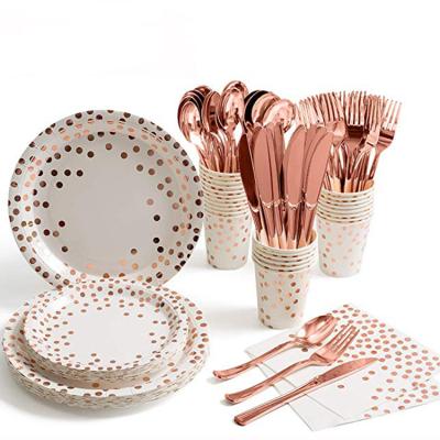 China Disposable Rose Gold With Straw Gold Disposable Napkin Paper Cup Set 8-Piece Jar Party Tableware Hotel Paper Plate In Tableware for sale