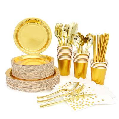 China Disposable High Quality Use For Birthday Wedding Party Restaurant Food Grade Gold Paper Disposable Tableware Set for sale