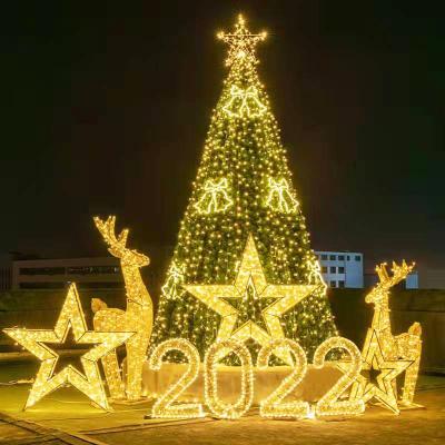 China Custom Christmas Decoration 2023 New Design Outdoor Artificial Christmas Ball and Tree Ornaments Metal Frame LED Light Giant Christmas Tree for sale