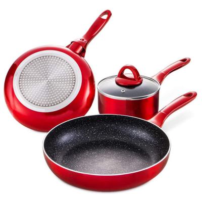 China Sustainable 4 Pieces Nonstick Metallic Red Coating Cookware Set With Pots Pans Pan For Home Kitchen Cookware for sale