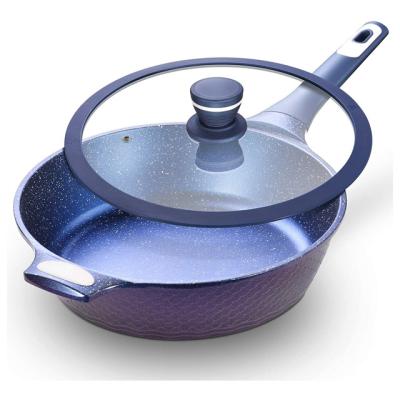 China Suitable Die Guaranteed Quality Price Viable Cast Aluminum Non Stick Frying Pan In Blue Marble Coating Frying Pan With Glass Lid for sale