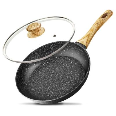 China Quality Suitable Price Sustainable Stick Non Stick Aluminum Frying Pan In Marble Coating With Wooden Handle Fry Pan for sale