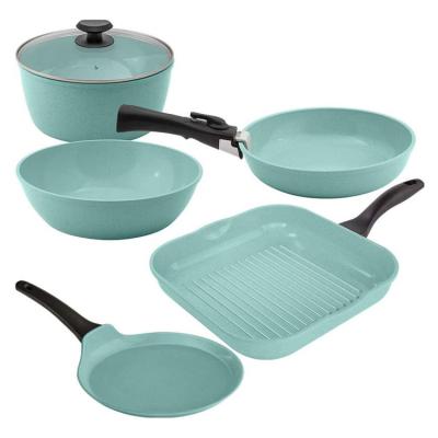 China Sustainable Cookware Grill Pan Frying Pan Sets Non Stick Aluminum Coating Kitchen OEM Packing Detachable Handle Jade Color for sale