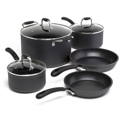 China Factory Product Sustainable 8 Piece Forged Non Stick Coating Aluminum Black Color Cookware Set With Induction Bottom for sale