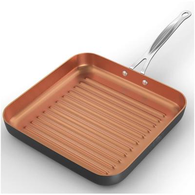 China Factory Price Kitchen Sustainable Square Grill Non Stick Aluminum Griddle Pan With Stainless Steel Handle for sale