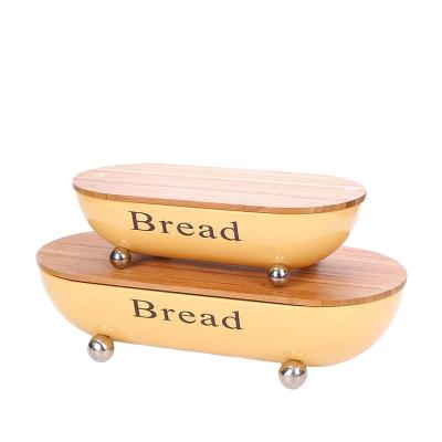 China Sustainable Metal Bread Box With Wooden Cutting Board Bread Food Storage Box Set Bamboo Bread Storage Box for sale