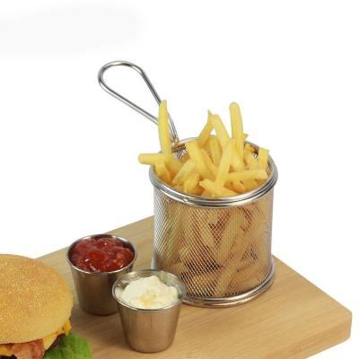 China Sustainable Kitchen Storage With Handle French Fries Baskets Stainless Steel Sifter Mini Circular Serving Potato Frying Basket for sale