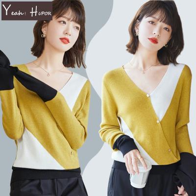 China Anti-wrinkle YEAH 2022 HUPOR Spring Color Patchwork Slim Button Knitted V Neck Sweater Women for sale