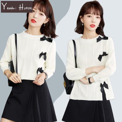 China Anti-wrinkle Long Sleeve Crewneck Sweater Women White Tops YEAH HUPOR High Quality Jacquard Korean Bow for sale