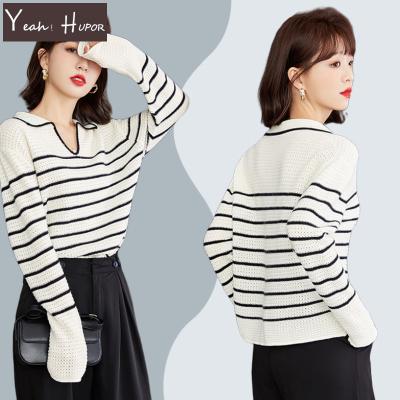 China New Arrival Turn-down Neck Wholesale Anti-wrinkle YEAH HUPOR Knitted Striped Sweater Custom for sale