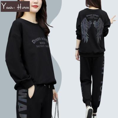 China HUPOR Ladies Anti-Pilling YEAH Two-Piece Pants Set Wing Printing Oversized Pullover Black Tracksuit Sport for sale