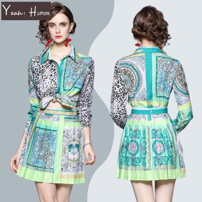 China YEAH HUPOR 2022 QUICK DRY long sleeve printing shirt and short skirt summer pleated two piece set for sale