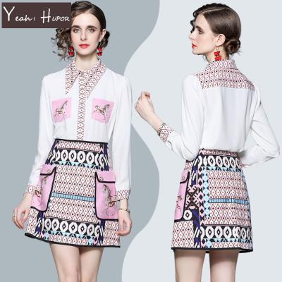 China HUPOR 2022 YEAH Two Piece Set Long Sleeve High Waist Shirt Summer Print QUICK DRY Pink Skirt for sale