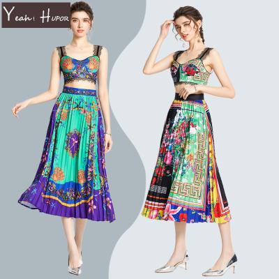 China YEAH HUPOR QUICK DRY 2022 lace up boho crop top and floral maxi skirts womens summer 2 piece skirt set for sale