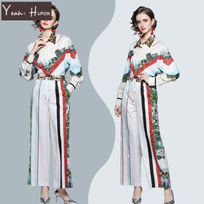 China YEAH QUICK DRY HUPOR printed shirt and long pants plus size women clothing outfits two piece set for sale