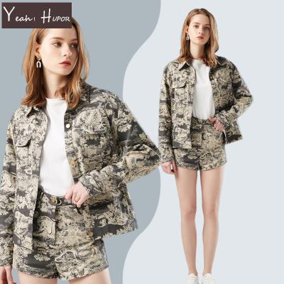 China YEAH HUPOR QUICK DRY spring plus size camouflage printed cropped two piece pant suits set for women for sale