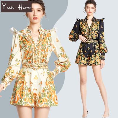 China HUPOR 2 Piece YEAH Designer Vintage V Print Fashionable Neck Floral Shorts Pants Overall Woman for sale