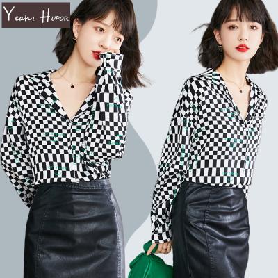 China HUPOR Anti-pilling Office Plaid Women Shirts Blouses High Quality Luxury Chiffon YEAH Korean Style for sale