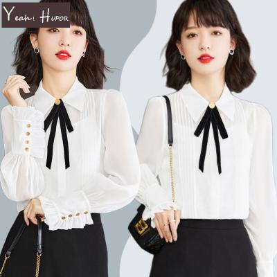 China Anti-pilling YEAH HUPOR 2022 spring office velvet bow tie ruffles women white long sleeve shirts blouses for sale