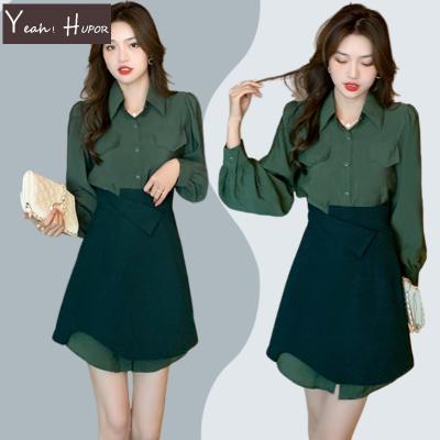 China Shirt Dress Woman YEAH HUPOR High Waist 2 Piece Long Sleeve Set Turn-Down Anti-Static Wild Elegant Office Collar Loose Shirt Dress for sale