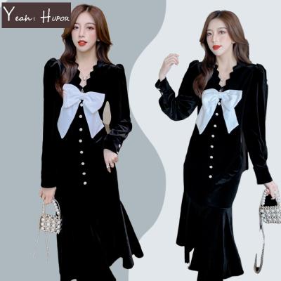 China HUPOR anti-static light shooting YEAH luxury soft real and comfortable vintage chipped edge velvet slim autumn high quality dress for sale